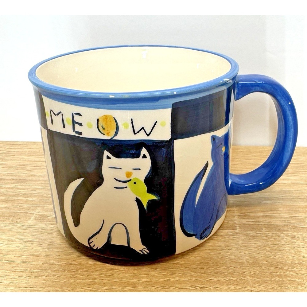 At Home Decorative Cat Mug MEOW Blue Black White Hand Painted Ceramic Oversized